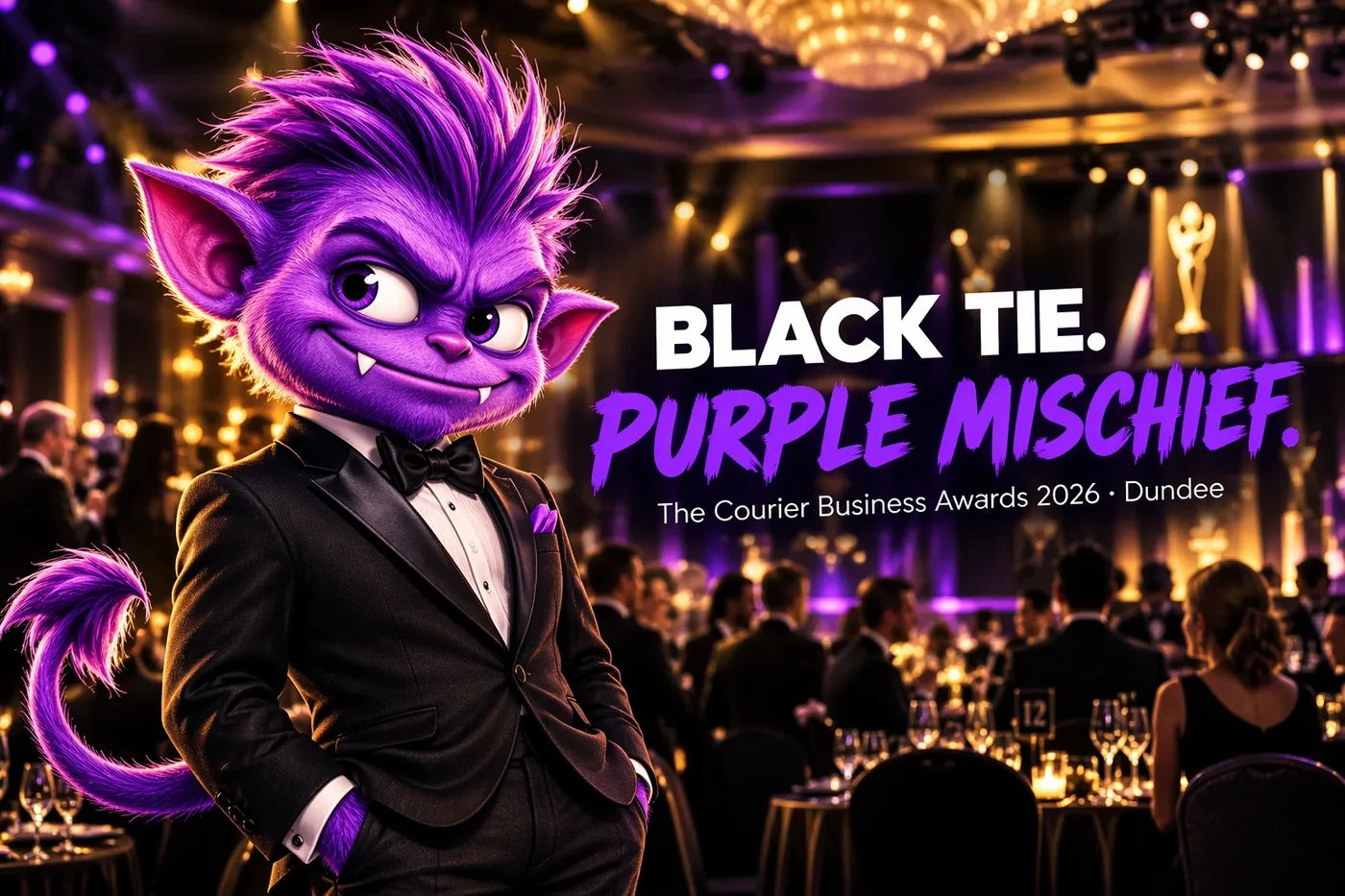 The Purple Imp in a black tie at an awards dinner, with the words: Black tie. Purple mischief. The Courier Business Awards 2026, Dundee.